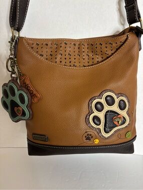 Chala Brown Paw-Applique Crossbody Bag with Contrast Trim